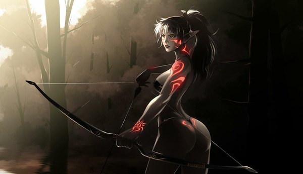 Anime picture 1024x592 with world of warcraft blizzard entertainment blood elf single long hair light erotic wide image bare shoulders yellow eyes ponytail pointy ears tattoo girl underwear panties bow (weapon) arrow (arrows)
