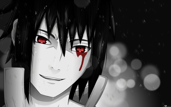 Anime picture 2560x1600 with naruto studio pierrot naruto (series) uchiha sasuke highres black hair smile wide image monochrome sharingan eyes boy blood