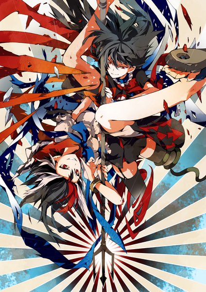 Anime picture 900x1274 with touhou houjuu nue kijin seija ichizen (o tori) tall image short hair black hair smile red eyes multiple girls multicolored hair zettai ryouiki fighting stance upside down girl thighhighs dress ribbon (ribbons) black thighhighs 2 girls