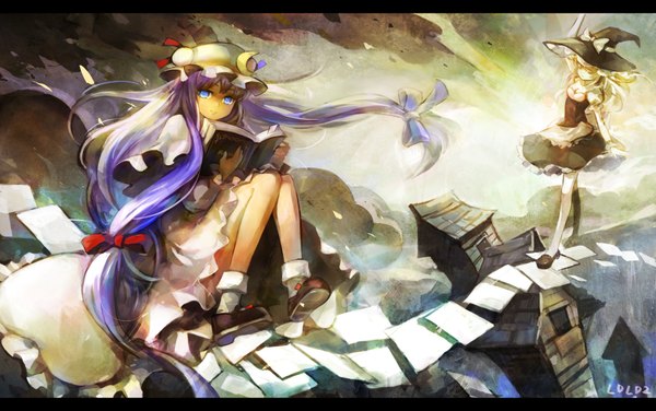 Anime picture 1562x980 with touhou kirisame marisa patchouli knowledge ldld2 (pixiv) long hair blue eyes blonde hair smile sitting multiple girls sky purple hair cloud (clouds) witch girl dress bow 2 girls book (books) witch hat