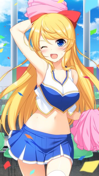 Anime picture 2070x3698 with raiou single long hair tall image blush highres open mouth blue eyes blonde hair one eye closed wink cheerleader girl navel bow hair bow confetti
