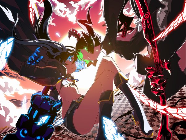 Anime picture 3822x2894 with black rock shooter black rock shooter (character) dead master long hair highres short hair smile twintails multiple girls green eyes absurdres horn (horns) aqua eyes glowing short twintails glowing eye (eyes) eye contact girl gloves weapon