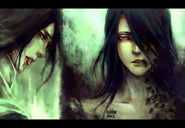 Anime picture 1300x900 with bleach studio pierrot kuchiki byakuya nanfe single long hair looking at viewer fringe open mouth black hair red eyes signed looking away hair over one eye letterboxed boy insect blood