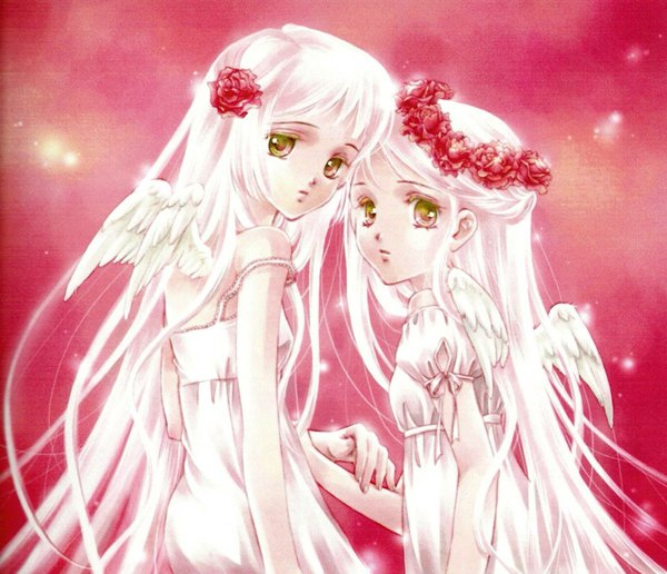 Anime picture 1584x1364 with minakami kaori long hair multiple girls green eyes white hair looking back hair flower from behind pink background pale skin angel wings twins girl dress hair ornament 2 girls white dress wreath