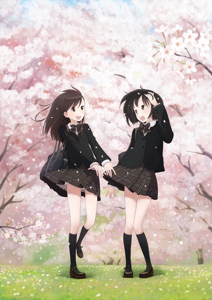 Anime picture 1341x1900 with original kokudou juunigou tall image short hair open mouth black hair multiple girls black eyes cherry blossoms girl skirt uniform 2 girls plant (plants) school uniform miniskirt tree (trees) bag