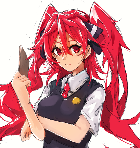 Anime picture 1233x1309 with original maido mido single long hair tall image fringe simple background smile hair between eyes red eyes white background twintails looking away upper body red hair breast hold girl uniform ribbon (ribbons) hair ribbon