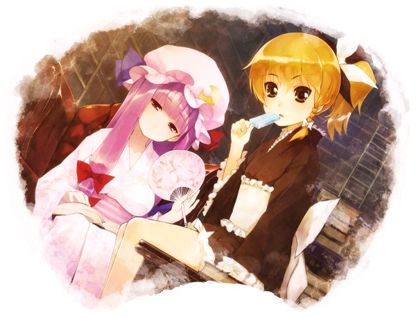 Anime picture 1200x917 with touhou kirisame marisa patchouli knowledge chinchickrin long hair looking at viewer fringe open mouth blonde hair sitting purple eyes multiple girls brown eyes purple hair ponytail traditional clothes japanese clothes alternate costume alternate hairstyle girl