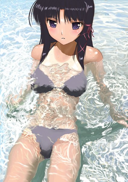 Anime picture 724x1024 with fortune arterial august soft kuze kiriha mocha (snowflake) single long hair tall image blush fringe light erotic black hair purple eyes sunlight arm support :o wet spread arms reclining summer tan