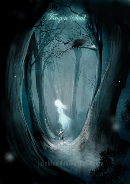 Anime picture 2480x3508 with yaichino (artist) tall image highres snowing winter snow ghost transparent girl plant (plants) tree (trees) cross crow