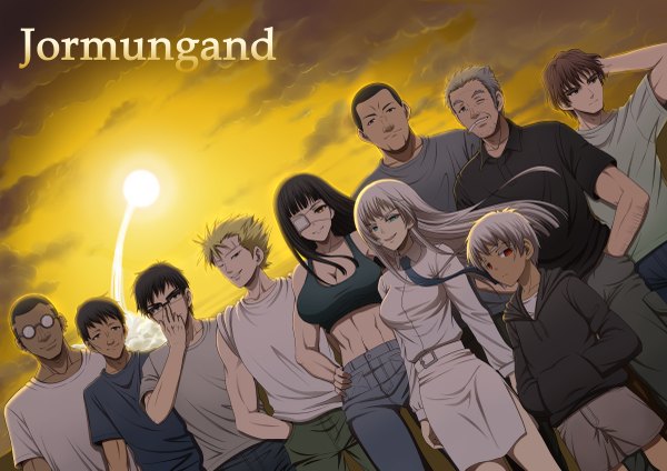 Anime picture 2400x1699 with jormungand white fox koko hekmatyar johnathan mar sofia valmer lehm lutz william nelson tojo akihiko ugo (jormungand) r (jormungand) long hair highres short hair black hair blonde hair smile red eyes multiple girls brown eyes