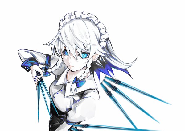 Anime picture 1527x1080 with touhou izayoi sakuya yutapon single looking at viewer fringe short hair blue eyes simple background hair between eyes white background upper body white hair braid (braids) long sleeves nail polish maid puffy sleeves twin braids white skin