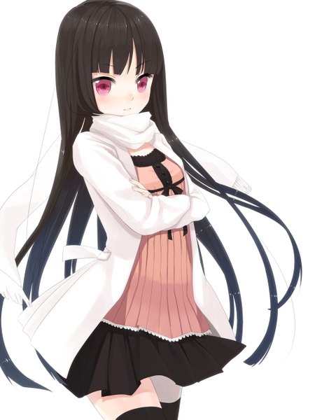 Anime picture 1000x1333 with original hasuhadera kunka kurasawa moko single long hair tall image black hair red eyes white background crossed arms girl scarf