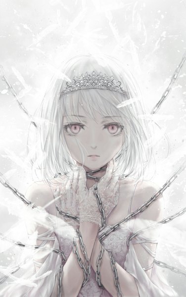 Anime picture 691x1100 with original nuwanko single tall image looking at viewer fringe short hair bare shoulders white hair parted lips pink eyes girl gloves ribbon (ribbons) white gloves chain feather (feathers) crown