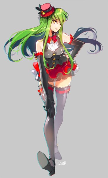 Anime picture 600x983 with code geass sunrise (studio) c.c. creayus single long hair tall image looking at viewer fringe light erotic simple background smile bare shoulders signed yellow eyes green hair grey background hand on hip girl thighhighs