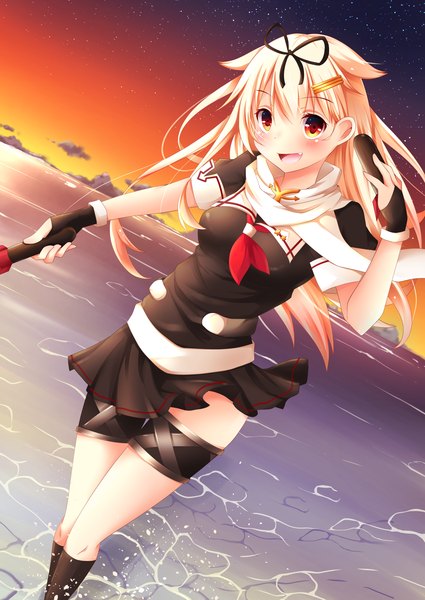 Anime picture 1254x1771 with kantai collection yuudachi destroyer sisterakuma single long hair tall image looking at viewer blush open mouth blonde hair red eyes sky evening sunset remodel (kantai collection) girl dress sea sailor suit