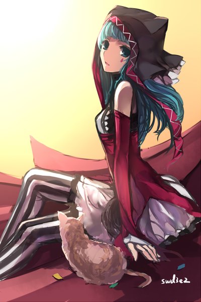 Anime picture 1181x1771 with vocaloid hatsune miku swd3e2 single long hair tall image looking at viewer sitting aqua eyes aqua hair girl dress detached sleeves animal cat cap