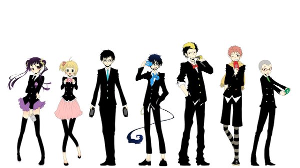 Anime picture 2560x1440 with ao no exorcist a-1 pictures okumura rin okumura yukio moriyama shiemi shima renzou kamiki izumo suguro ryuuji miwa konekomaru kamiki long hair highres short hair blue eyes black hair simple background blonde hair wide image white background multiple girls