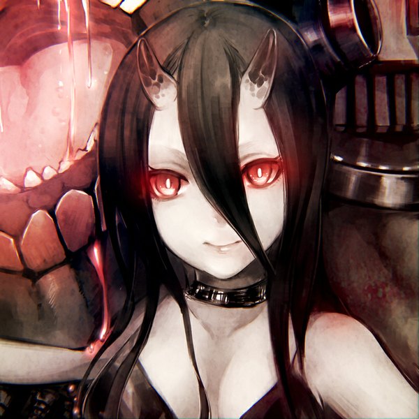 Anime picture 800x800 with kantai collection battleship-symbiotic hime teroru single looking at viewer fringe open mouth black hair hair between eyes cleavage glowing portrait glowing eye (eyes) saliva pale skin oni horns shinkaisei-kan girl dress tongue