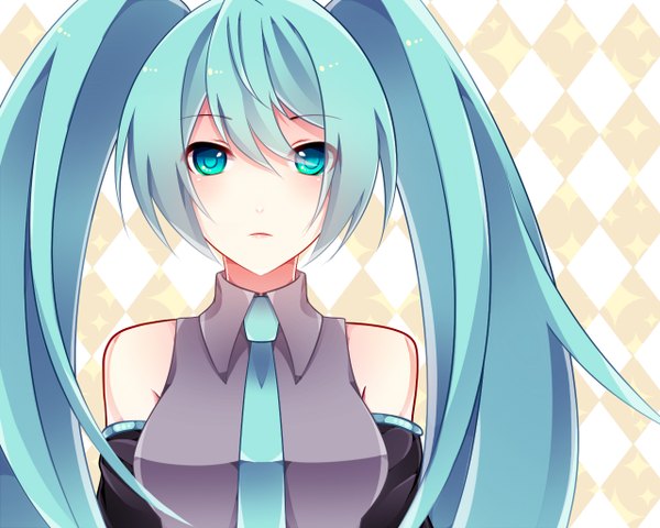 Anime picture 1280x1024 with vocaloid hatsune miku twintails green eyes green hair girl
