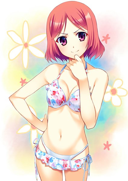Anime picture 717x1012 with love live! school idol project sunrise (studio) love live! nishikino maki hoshi ichi single tall image looking at viewer blush short hair breasts light erotic smile purple eyes pink hair bare belly hand on hip smirk girl navel