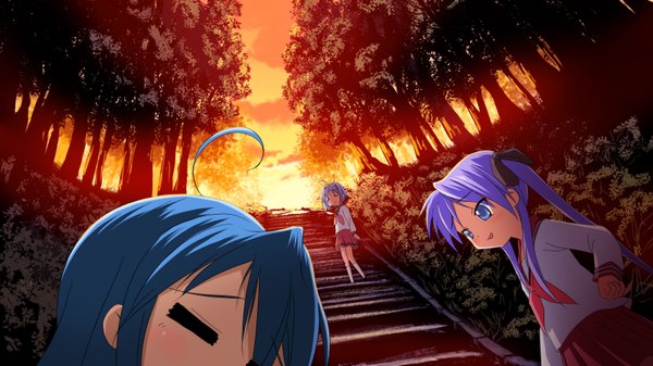 Anime picture 3200x1800 with lucky star kyoto animation izumi konata hiiragi kagami hiiragi tsukasa highres wide image girl stairs