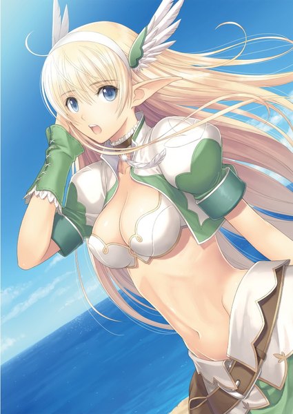 Anime picture 1288x1817 with shining (series) shining ark elwing tony taka single long hair tall image breasts open mouth blue eyes light erotic blonde hair sky cloud (clouds) official art midriff elf head wings girl navel
