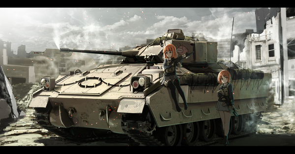 Anime picture 2000x1047 with girls und panzer nishizumi miho takebe saori oota youjo blush fringe highres short hair brown hair wide image standing sitting multiple girls holding brown eyes looking away sky cloud (clouds) blunt bangs realistic
