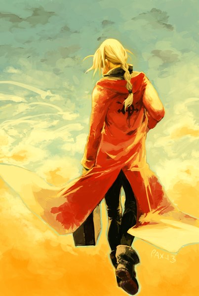 Anime picture 807x1200 with fullmetal alchemist studio bones edward elric pax-etlux single long hair tall image blonde hair signed braid (braids) from behind single braid walking boy boots cloak suitcase