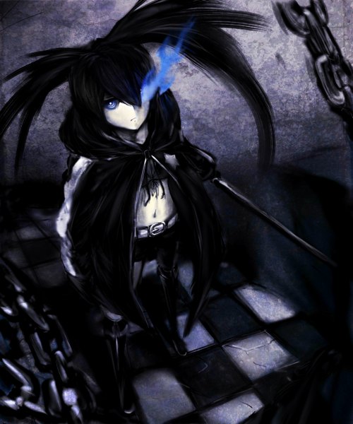 Anime picture 4133x4960 with black rock shooter black rock shooter (character) single long hair tall image looking at viewer highres blue eyes black hair twintails absurdres glowing glowing eye (eyes) checkered floor girl gloves weapon sword shorts boots