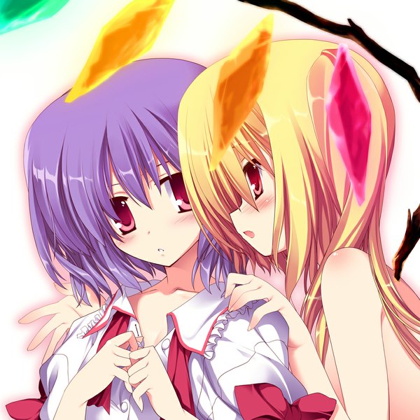 Anime picture 1000x1000 with touhou flandre scarlet remilia scarlet ooba kagerou blush short hair open mouth blonde hair red eyes multiple girls purple hair undressing shoujo ai girl 2 girls wings crystal
