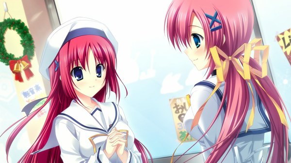 Anime picture 1024x576 with da capo shirakawa kotori shirakawa nanaka long hair blue eyes wide image multiple girls pink hair game cg red hair girl 2 girls serafuku x hair ornament