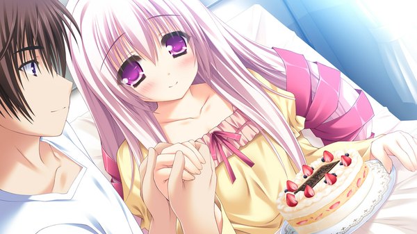 Anime picture 1280x720 with sekai to sekai no mannaka de oumi kokoro moekibara fumitake long hair looking at viewer blush wide image purple eyes game cg white hair profile couple girl boy ribbon (ribbons) hair ribbon sweets cake pajamas