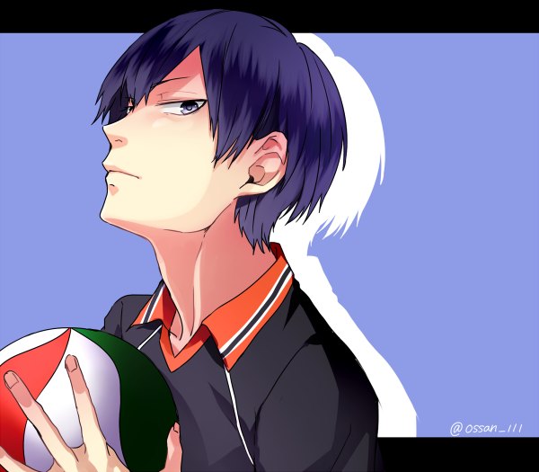 Anime picture 1200x1050 with haikyuu!! production i.g kageyama tobio kuwa ayase single looking at viewer short hair simple background purple eyes signed purple hair upper body profile letterboxed purple background boy uniform gym uniform ball volleyball ball