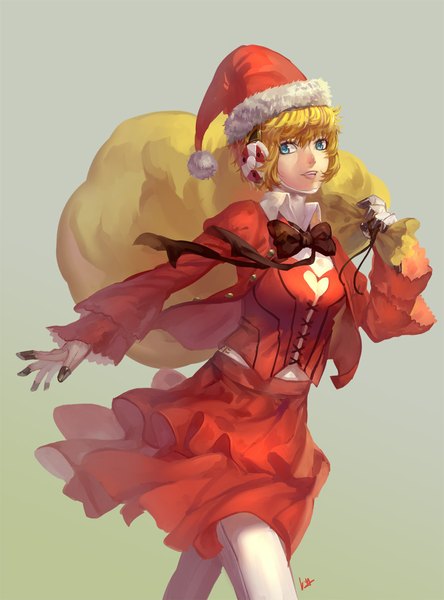 Anime picture 886x1196 with persona 3 persona aegis nanaya (daaijianglin) single tall image fringe short hair breasts open mouth simple background blonde hair teeth alternate costume fur trim happy christmas girl bow headphones