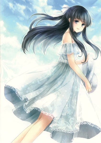 Anime picture 2548x3612 with original hagiwara rin long hair tall image highres black hair bare shoulders sky grey eyes girl dress bow hair bow hat
