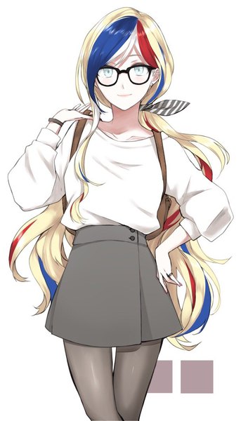 Anime picture 625x1062 with kantai collection commandant teste (kantai collection) morinaga (harumori) single long hair tall image looking at viewer simple background blonde hair white background multicolored hair alternate costume streaked hair hand on hip low ponytail alternate hairstyle silver eyes casual bespectacled girl