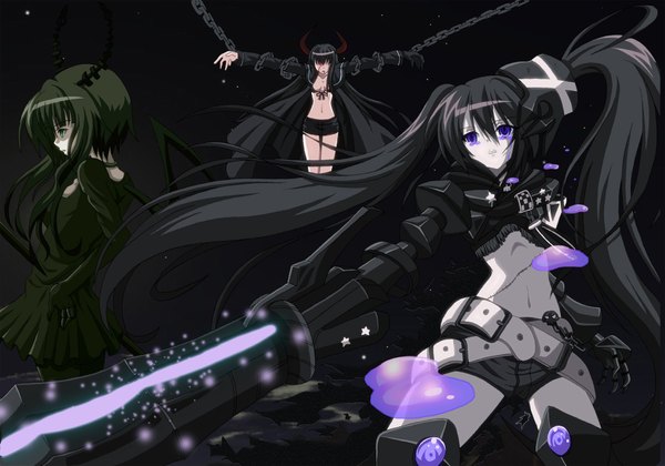 Anime picture 1810x1270 with black rock shooter dead master black gold saw insane black rock shooter dr. cryptoso long hair highres short hair open mouth black hair red eyes twintails purple eyes multiple girls green eyes looking away cleavage horn (horns) green hair open clothes