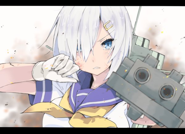 Anime picture 1100x800 with kantai collection hamakaze destroyer gomashi (goma) single looking at viewer blush fringe short hair open mouth blue eyes upper body grey hair hair over one eye teeth letterboxed girl gloves uniform hair ornament school uniform