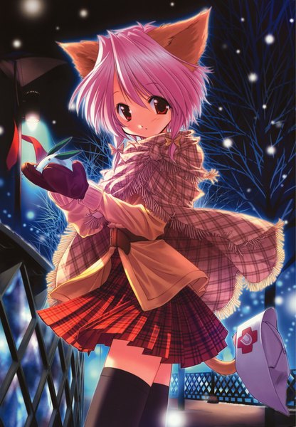 Anime picture 5909x8513 with original ueda ryou single tall image looking at viewer highres short hair red eyes twintails animal ears pink hair absurdres tail cat ears scan cat girl short twintails snowing winter girl