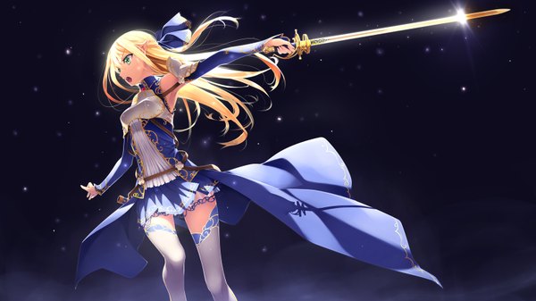 Anime picture 1600x900 with original murakami suigun single long hair open mouth blue eyes blonde hair wide image looking away pointy ears dark background elf girl thighhighs dress weapon detached sleeves white thighhighs sword