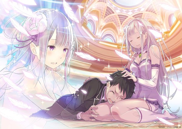 Anime picture 2048x1460 with re:zero kara hajimeru isekai seikatsu white fox emilia (re:zero) natsuki subaru ootsuka shin'ichirou long hair blush fringe highres short hair open mouth black hair purple eyes bare shoulders looking away purple hair lying eyes closed parted lips head tilt