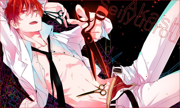 Anime picture 2000x1200 with kuroko no basket production i.g seijuro akashi qinlove single highres short hair open mouth light erotic red eyes wide image red hair inscription open clothes open jacket open shirt open pants boy navel necktie
