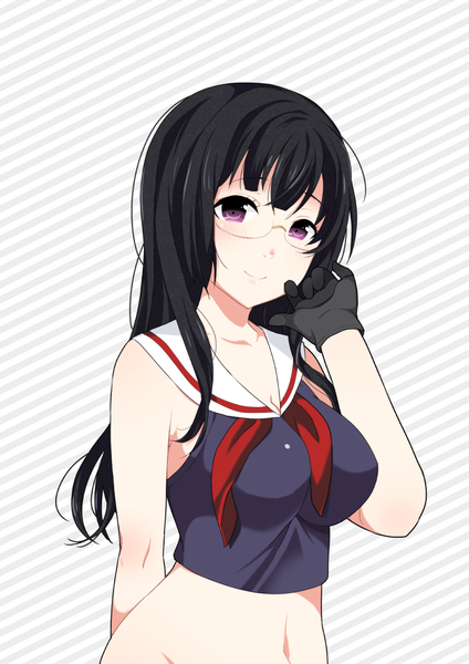 Anime picture 744x1052 with kantai collection choukai heavy cruiser osomatsu (nanameno) single long hair tall image looking at viewer black hair purple eyes midriff girl gloves navel black gloves glasses sailor suit