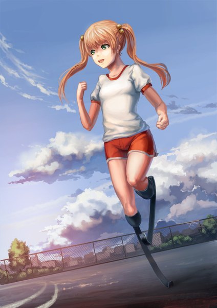 Anime picture 1131x1600 with katawa shoujo ibarazaki emi naoki yukira single long hair tall image open mouth smile brown hair twintails bare shoulders green eyes looking away sky cloud (clouds) running girl uniform plant (plants) tree (trees)