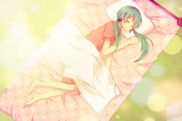 Anime picture 1200x800 with vocaloid hatsune miku nigoru (artist) single long hair blush twintails eyes closed barefoot aqua hair sleeping girl futon