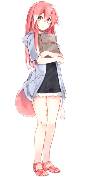 Anime picture 1069x2088 with original otokuyou single long hair tall image blush fringe open mouth blue eyes hair between eyes standing holding animal ears yellow eyes pink hair full body ahoge tail animal tail open jacket