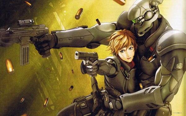 Anime picture 1920x1200 with appleseed appleseed exmachina deunan knute briareos hecatonchires highres short hair brown hair wide image green eyes looking away girl boy weapon gun pistol shell casing