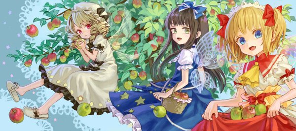 Anime picture 1488x662 with touhou star sapphire luna child sunny milk ama-tou long hair short hair open mouth blue eyes blonde hair red eyes brown hair wide image twintails multiple girls green eyes looking away drill hair short twintails girl