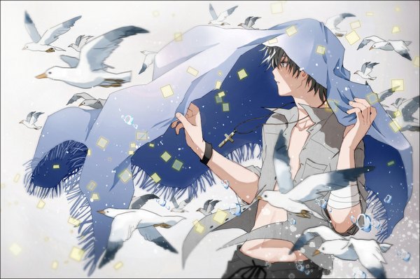 Anime picture 1100x731 with hishi short hair blue eyes simple background profile grey hair grey background open clothes open shirt boy animal bird (birds) pendant bandage (bandages) cross water drop