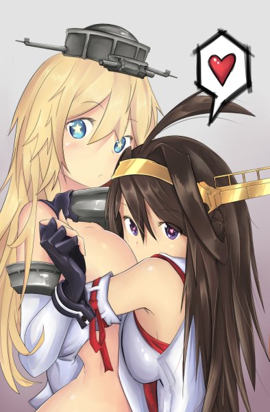 Anime picture 789x1200 with kantai collection kongou battleship iowa (kantai collection) dmt long hair tall image looking at viewer fringe breasts blue eyes light erotic simple background blonde hair hair between eyes brown hair purple eyes bare shoulders multiple girls upper body ahoge